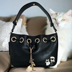 Karl Lagerfeld Black Leather Desiree Bag w/ Karl Purse Charm & Choupette Cat NWT